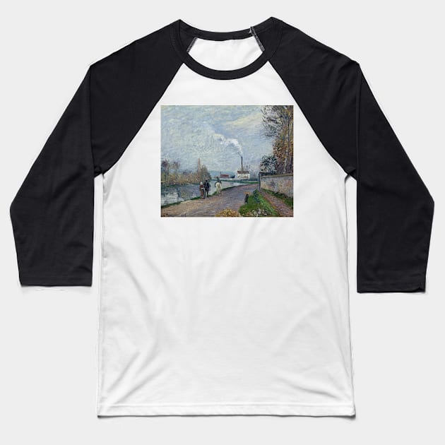 The Oise near Pontoise in Grey Weather by Camille Pissarro Baseball T-Shirt by Classic Art Stall